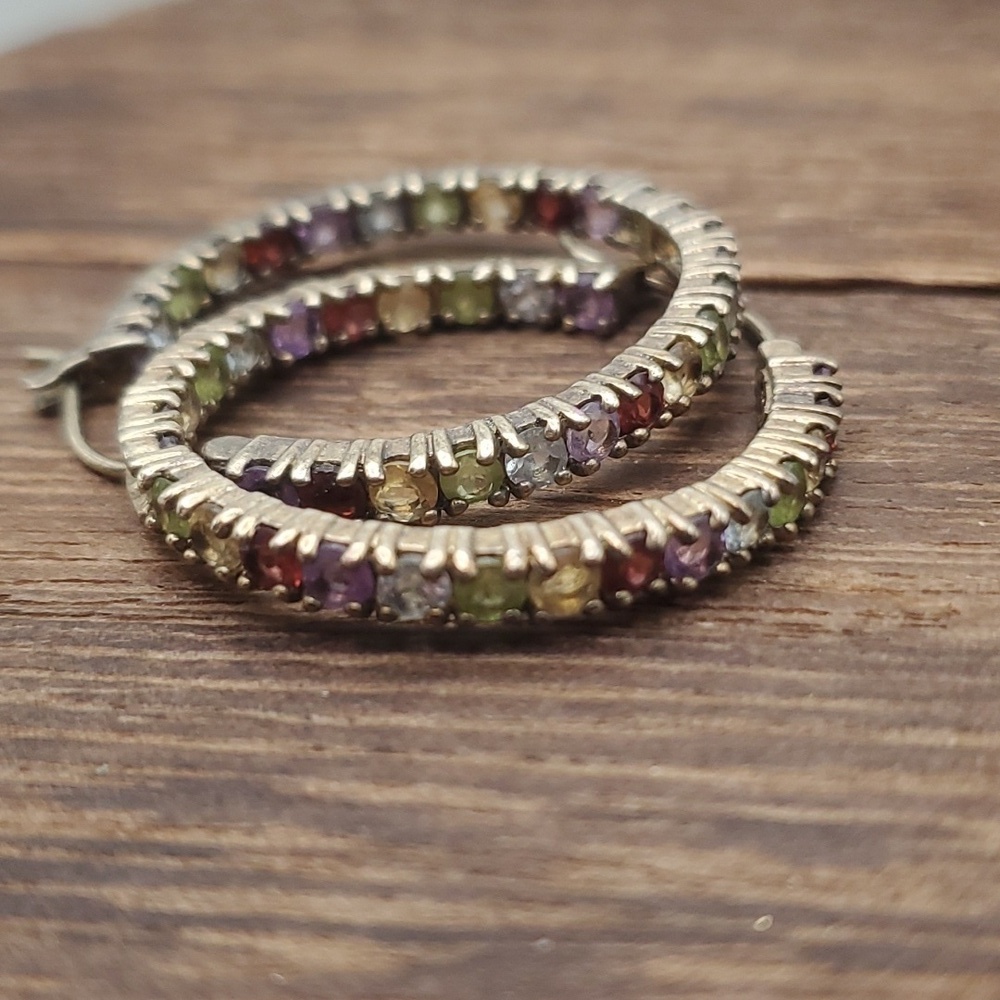 E2125 precious gem sterling‎ silver openwork window earrings hoops stunning